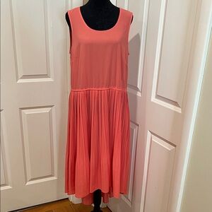 Philosophy, woman’s, coral, sleeveless, midi, pleated, dress. Size large.